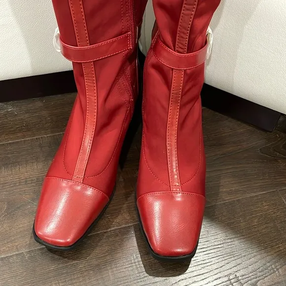 NIB Journee Collection red fabric knee high boots gold hardware 3” block heel 7M
