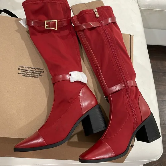 NIB Journee Collection red fabric knee high boots gold hardware 3” block heel 7M