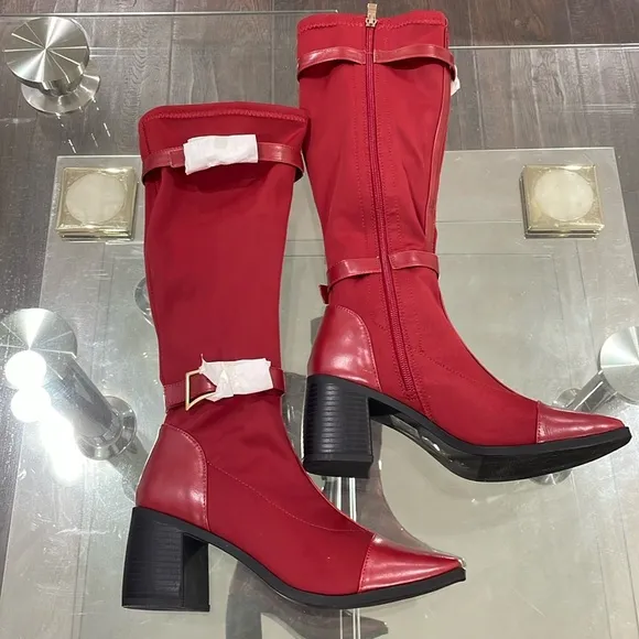NIB Journee Collection red fabric knee high boots gold hardware 3” block heel 7M