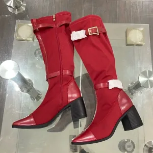 NIB Journee Collection red fabric knee high boots gold hardware 3” block heel 7M