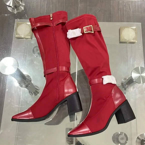 NIB Journee Collection red fabric knee high boots gold hardware 3” block heel 7M