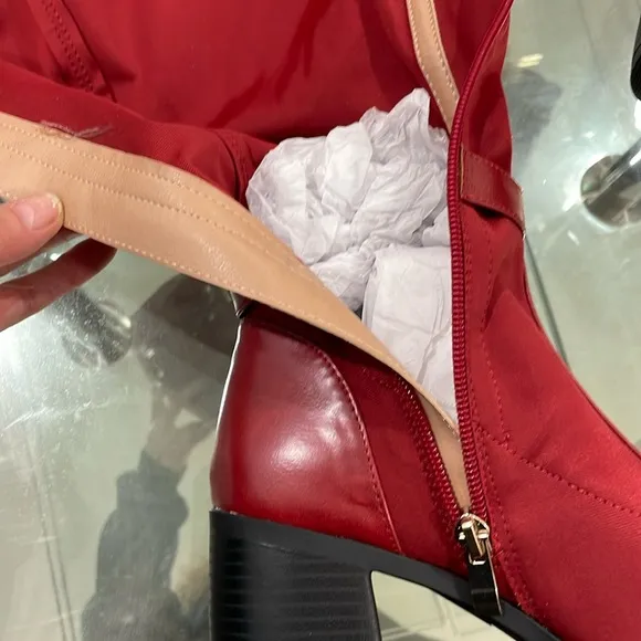 NIB Journee Collection red fabric knee high boots gold hardware 3” block heel 7M