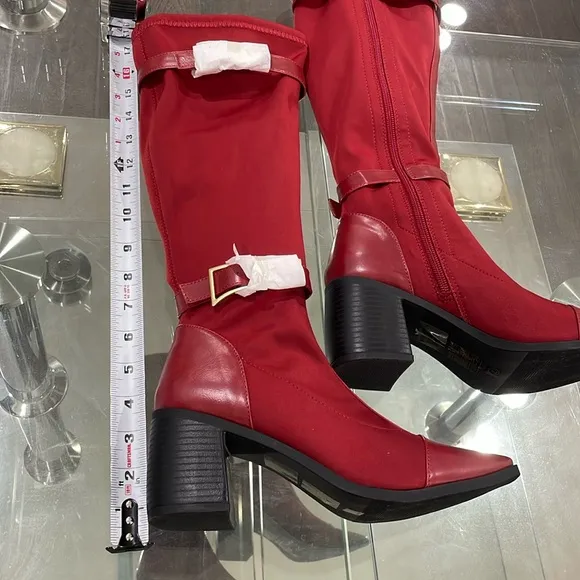 NIB Journee Collection red fabric knee high boots gold hardware 3” block heel 7M