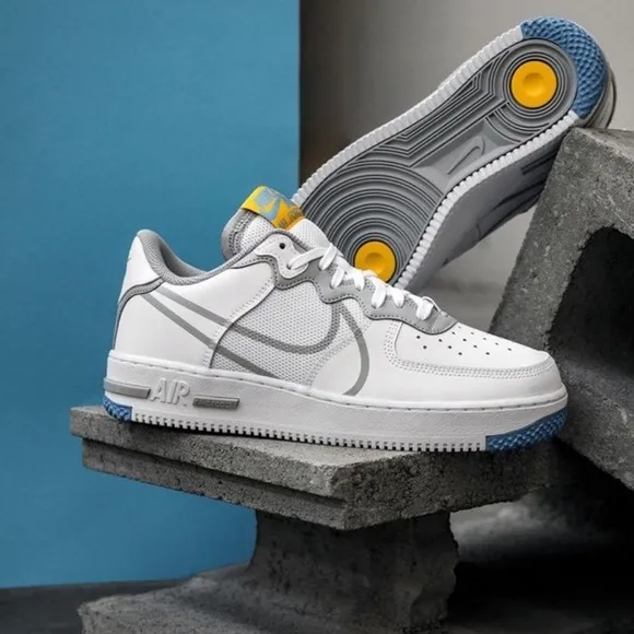 Nike Air force 1 React smoke Grey Gold White Skate Shoes (AF1/Unisex)