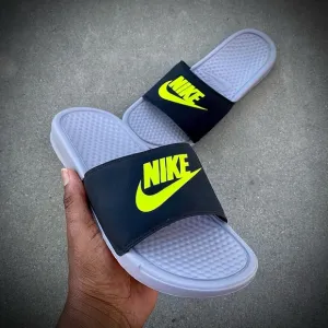 NIKE BENASSI SLIDES JUSTDO IT JDI BLACKS GREYS NEONS GREENS