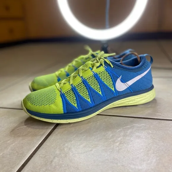 Nike Mens Flyknit Lunar2 Volt Blue Comfort Athletic Running Shoes Size US 13