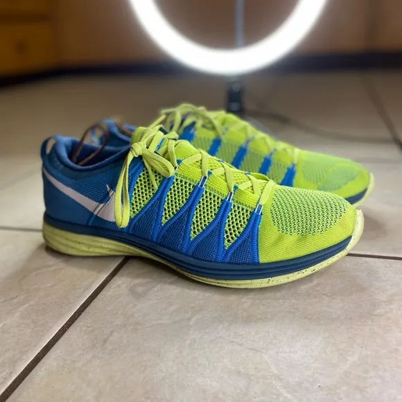 Nike Mens Flyknit Lunar2 Volt Blue Comfort Athletic Running Shoes Size US 13