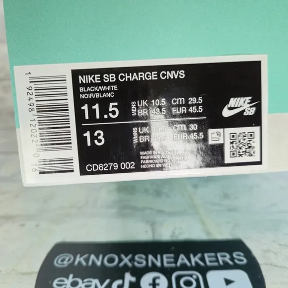 Nike SB Charge Canvas Black White Skate Shoes CD6279-002 Men’s Size 11.5