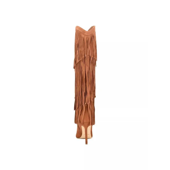 Nine West Women's Tasels Stiletto Fringe Knee High Boots, Cognac Suede Size 11M