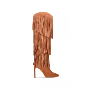 Nine West Women's Tasels Stiletto Fringe Knee High Boots, Cognac Suede Size 11M