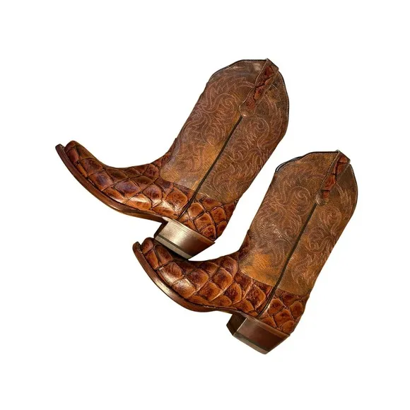 Nocona Cowboy Boots Exotic Fish Square Toe Western Brown Leather size 7B