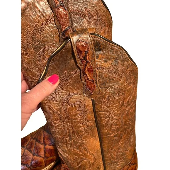 Nocona Cowboy Boots Exotic Fish Square Toe Western Brown Leather size 7B