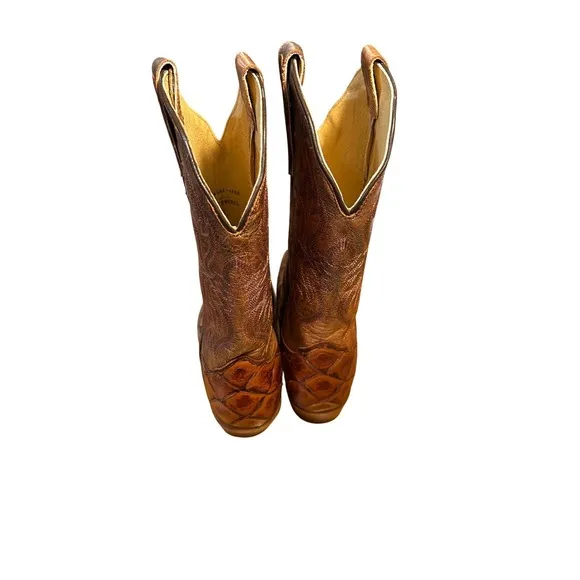Nocona Cowboy Boots Exotic Fish Square Toe Western Brown Leather size 7B