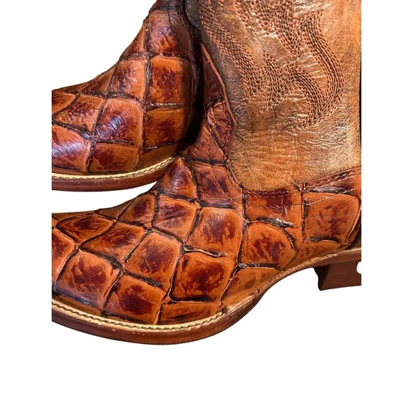 Nocona Cowboy Boots Exotic Fish Square Toe Western Brown Leather size 7B