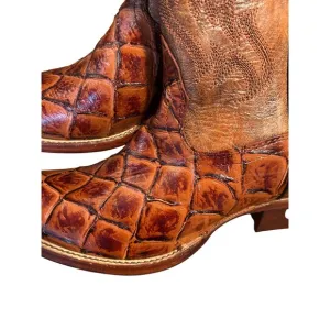 Nocona Cowboy Boots Exotic Fish Square Toe Western Brown Leather size 7B