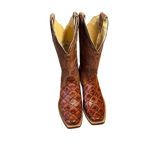 Nocona Cowboy Boots Exotic Fish Square Toe Western Brown Leather size 7B