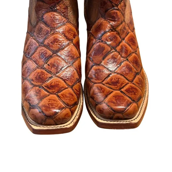 Nocona Cowboy Boots Exotic Fish Square Toe Western Brown Leather size 7B