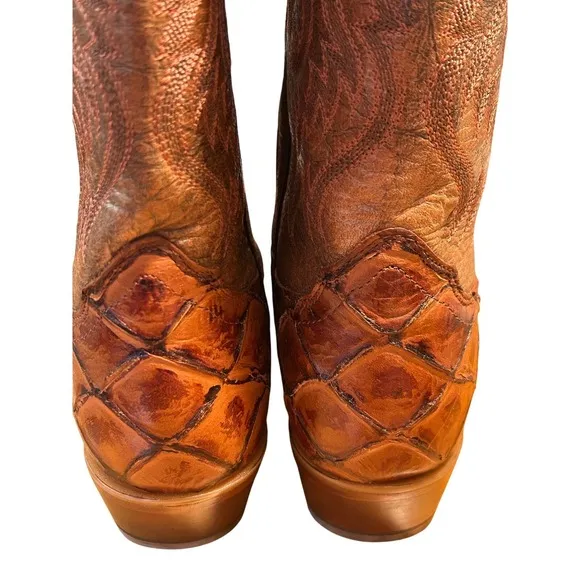 Nocona Cowboy Boots Exotic Fish Square Toe Western Brown Leather size 7B
