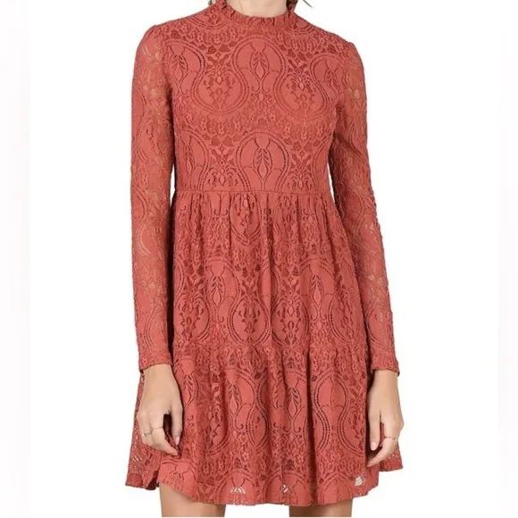 NTM: Molly Bracken Terracotta Rust Lace Tiered Dress with Sheer Sleeves Size M