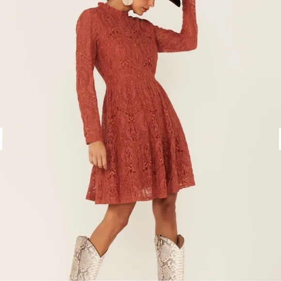 NTM: Molly Bracken Terracotta Rust Lace Tiered Dress with Sheer Sleeves Size M