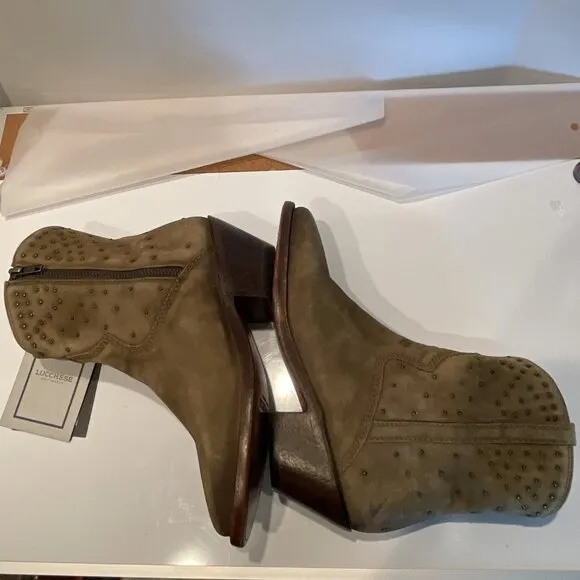 NWOB NWT Lucchese Boots Bootie Zip Women's 6.5 Suede Olive Green w/ Studs #M6040