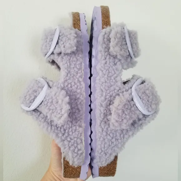 NWOT Big Buckle Teddy Birkenstock Arizona Two Strap Sandals Purple Fog S…