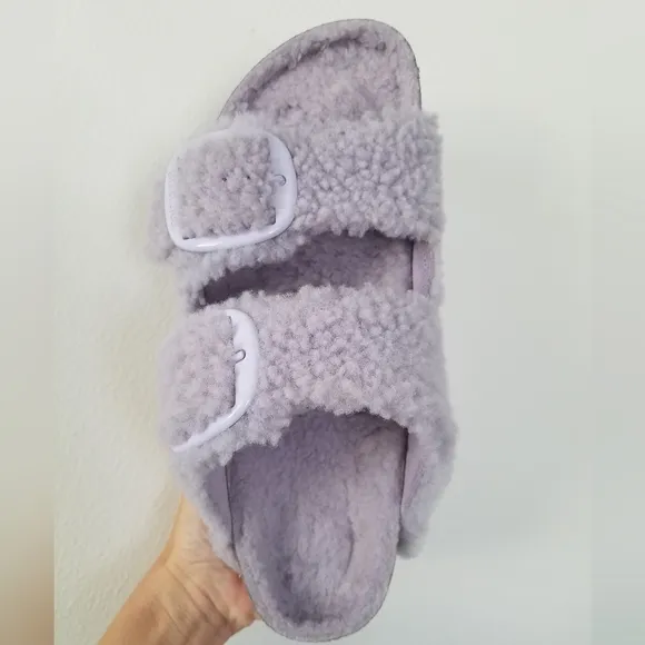 NWOT Big Buckle Teddy Birkenstock Arizona Two Strap Sandals Purple Fog S…