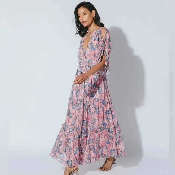 NWOT Cleobella Elena Maxi Dress in Lotus Print Size S Cold Shoulder Sleeves