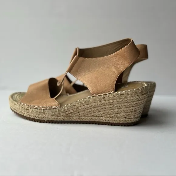 NWOT Eileen Fisher Tan Brown Leather Strappy Wedge Platform Heel Sandals sz: 11