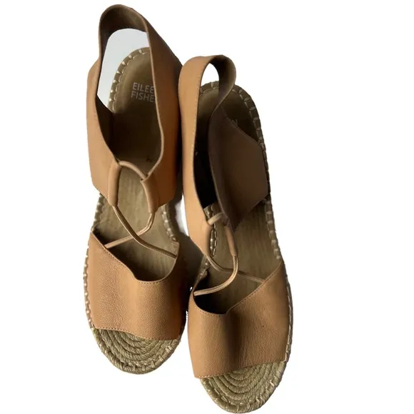NWOT Eileen Fisher Tan Brown Leather Strappy Wedge Platform Heel Sandals sz: 11