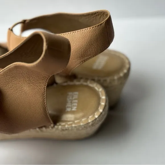 NWOT Eileen Fisher Tan Brown Leather Strappy Wedge Platform Heel Sandals sz: 11