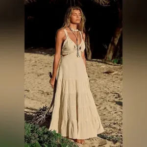 NWOT  Free People Auralie Maxi Dress Boho Long Cutouts StrappyCream