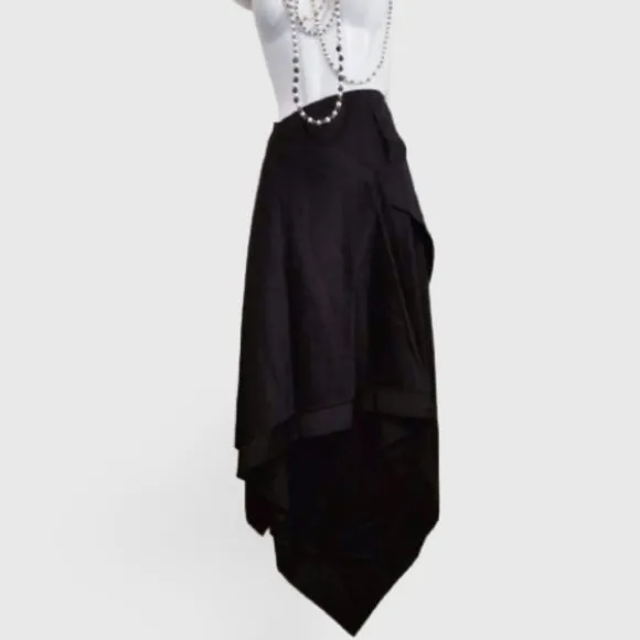 NWOT Y2K Black Lana Wool Skirt, Asymmetrical Hem, Made in Italy, Retro Aesthetic