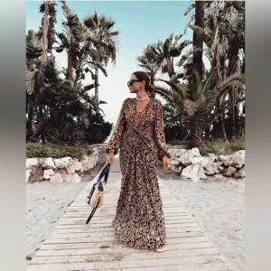 NWOT Zara Blogger Fave Black Gold Print Front Knot Maxi Dress XS X Small 0 2