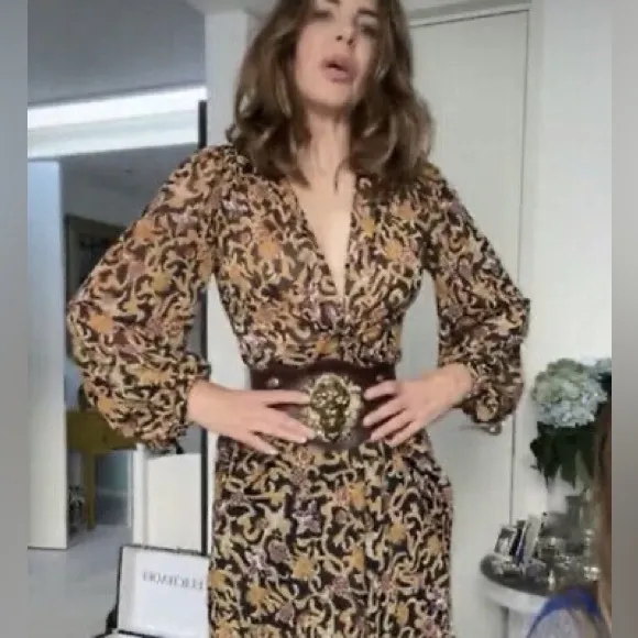 NWOT Zara Blogger Fave Black Gold Print Front Knot Maxi Dress XS X Small 0 2