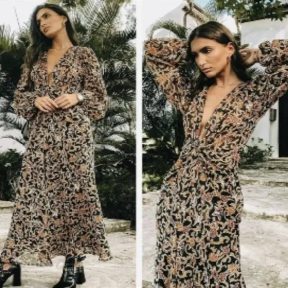 NWOT Zara Blogger Fave Black Gold Print Front Knot Maxi Dress XS X Small 0 2