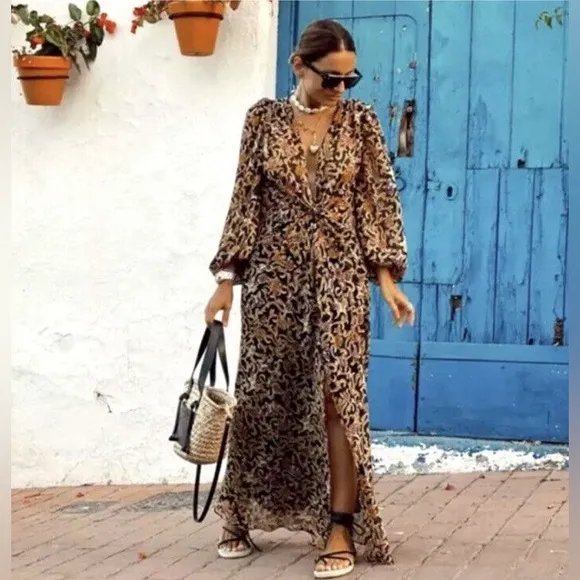 NWOT Zara Blogger Fave Black Gold Print Front Knot Maxi Dress XS X Small 0 2