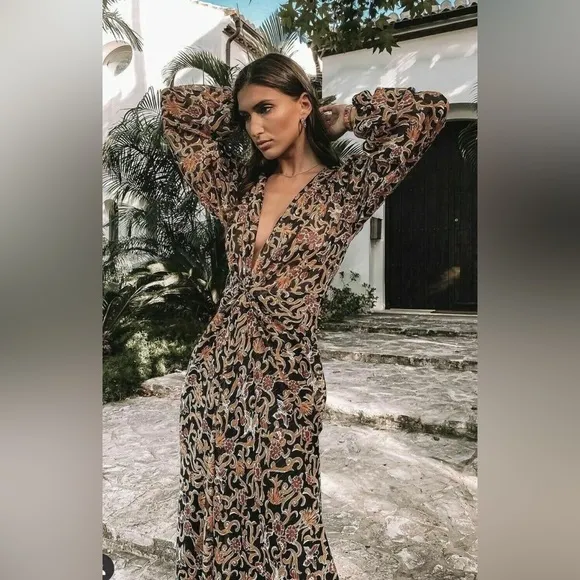NWOT Zara Blogger Fave Black Gold Print Front Knot Maxi Dress XS X Small 0 2