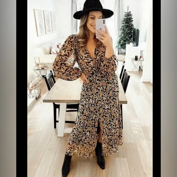 NWOT Zara Blogger Fave Black Gold Print Front Knot Maxi Dress XS X Small 0 2