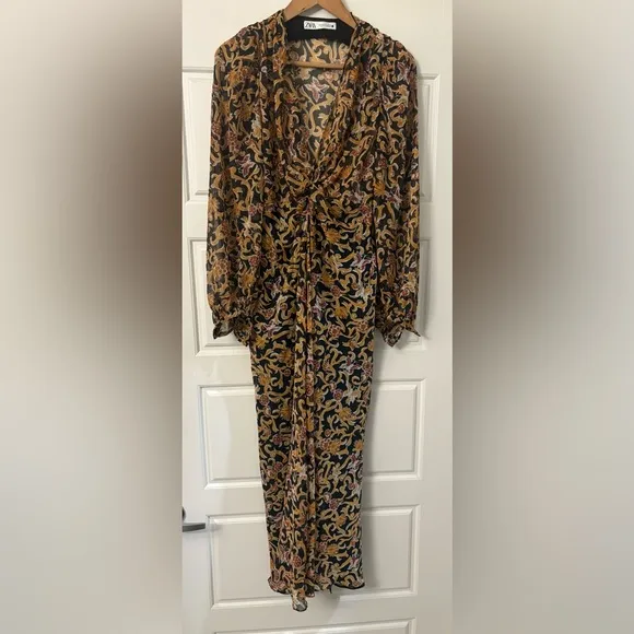 NWOT Zara Blogger Fave Black Gold Print Front Knot Maxi Dress XS X Small 0 2