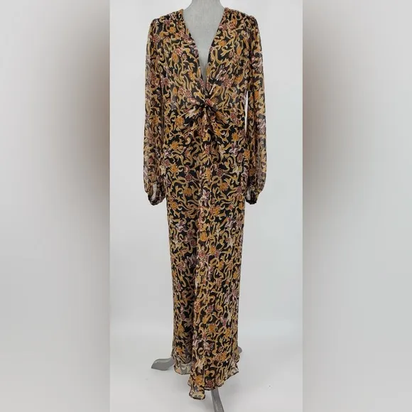 NWOT Zara Blogger Fave Black Gold Print Front Knot Maxi Dress XS X Small 0 2