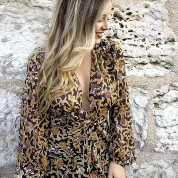 NWOT Zara Blogger Fave Black Gold Print Front Knot Maxi Dress XS X Small 0 2