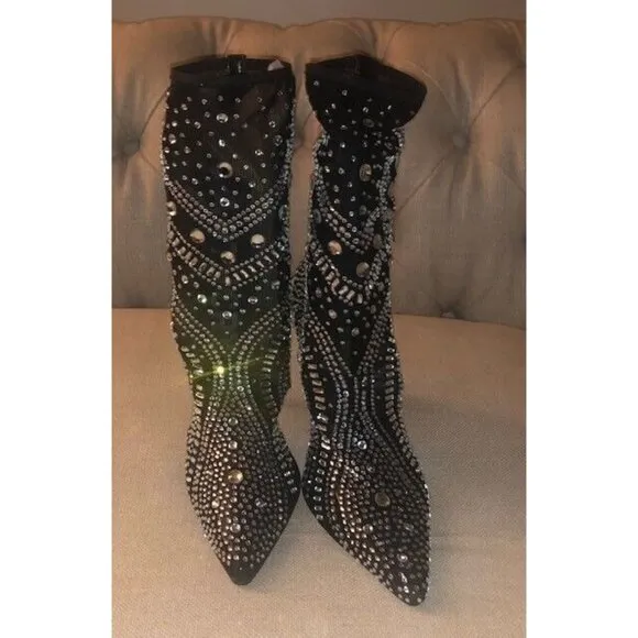 NWT $99 AZALEA WANG BLACK OPRY POINTED TOE EMBELLISHED STILLETO BOOTS SZ US 6
