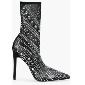 NWT $99 AZALEA WANG BLACK OPRY POINTED TOE EMBELLISHED STILLETO BOOTS SZ US 6
