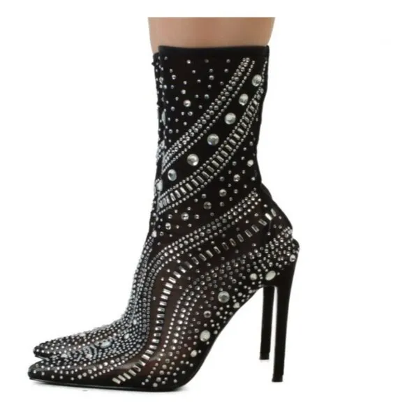 NWT $99 AZALEA WANG BLACK OPRY POINTED TOE EMBELLISHED STILLETO BOOTS SZ US 6