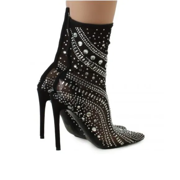 NWT $99 AZALEA WANG BLACK OPRY POINTED TOE EMBELLISHED STILLETO BOOTS SZ US 6