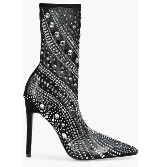 NWT $99 AZALEA WANG BLACK OPRY POINTED TOE EMBELLISHED STILLETO BOOTS SZ US 6