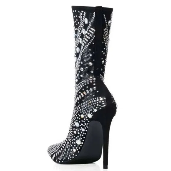 NWT $99 AZALEA WANG BLACK OPRY POINTED TOE EMBELLISHED STILLETO BOOTS SZ US 6