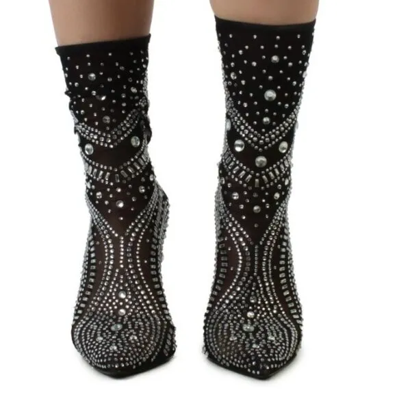 NWT $99 AZALEA WANG BLACK OPRY POINTED TOE EMBELLISHED STILLETO BOOTS SZ US 6