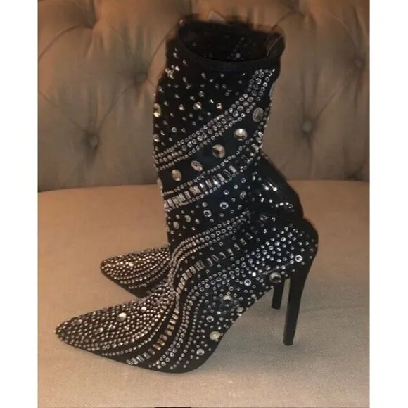 NWT $99 AZALEA WANG BLACK OPRY POINTED TOE EMBELLISHED STILLETO BOOTS SZ US 6